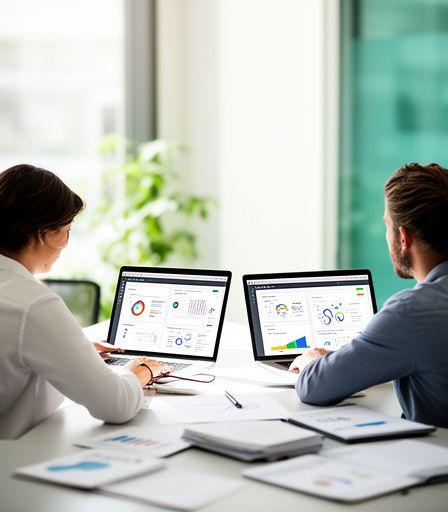 Two data consultants collaborating over laptop screens in a bright strategy room
