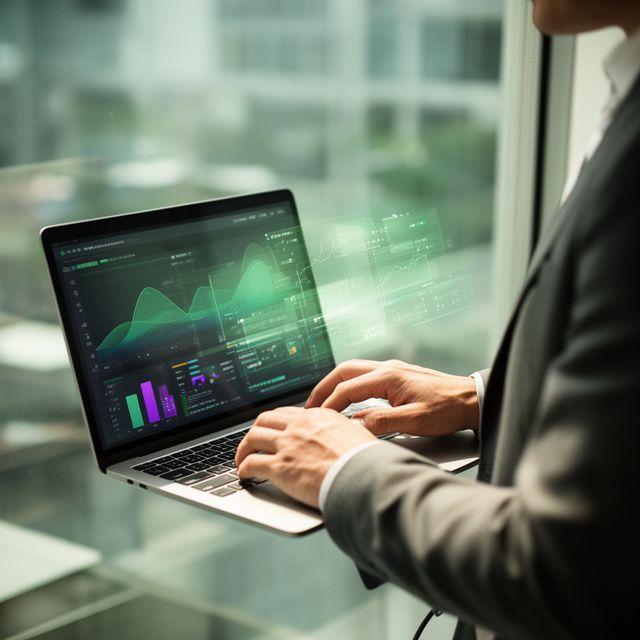 Consultant reviewing live business dashboard metrics beside a glass office window with chart overlays