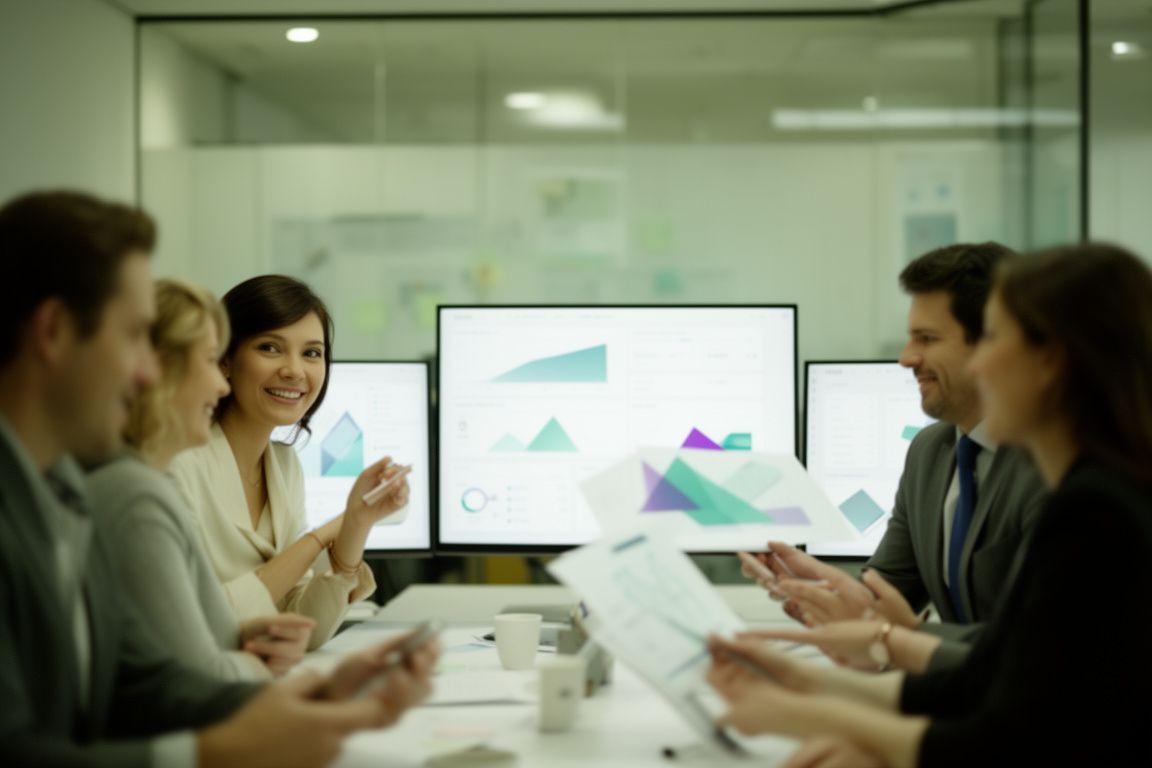 Consulting team reviewing AI dashboard mock-ups in a modern meeting room with layered charts