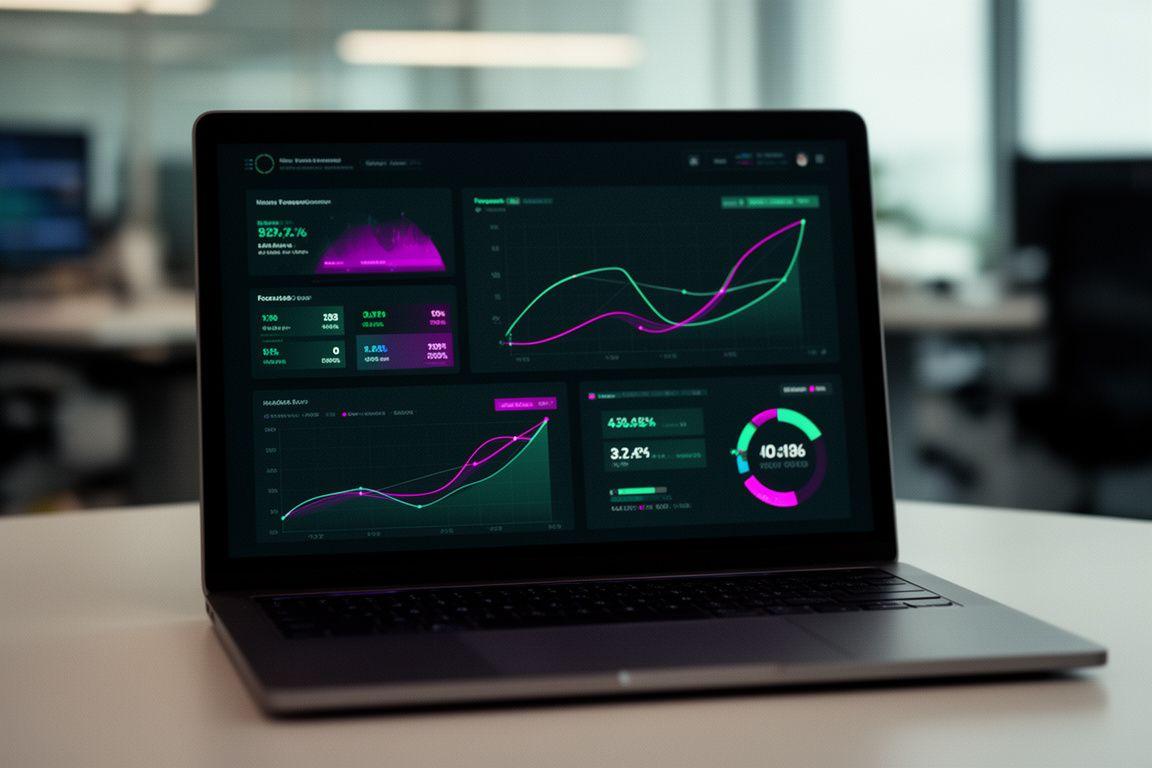 Glowing analytics dashboard on a laptop in a modern office with layered charts and forecast panels