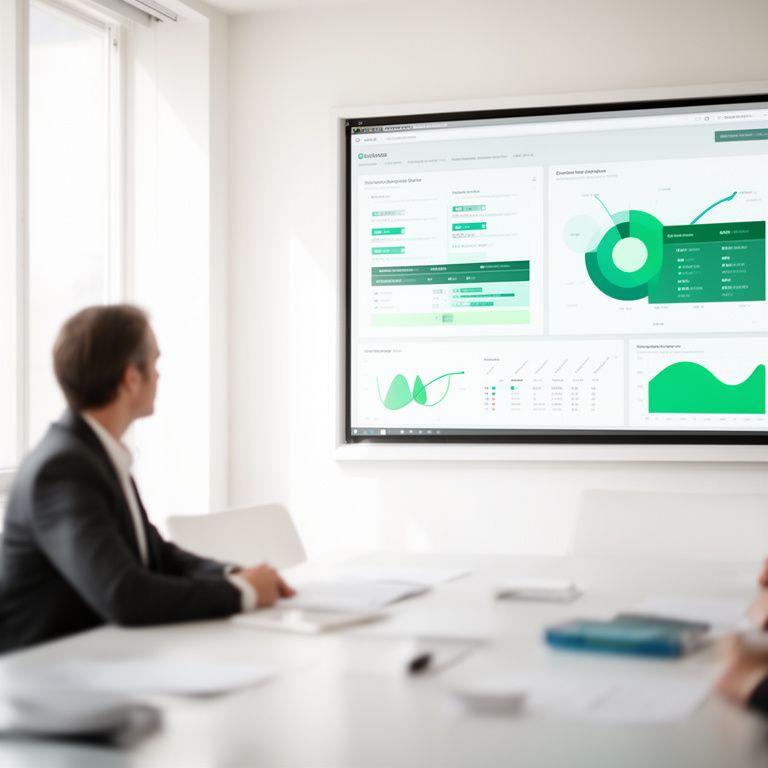 Consultant reviewing business metrics on a large screen in a bright meeting room with annotated charts