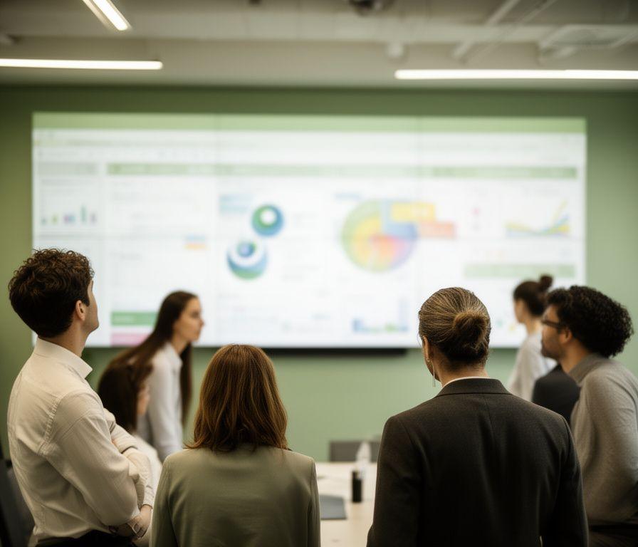 Analytics team reviewing a multi-sector dashboard wall in a modern strategy room