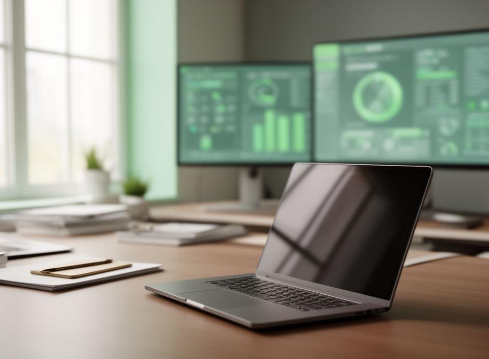 Modern consulting workspace with dashboard screens, policy notes, and a laptop beside a window