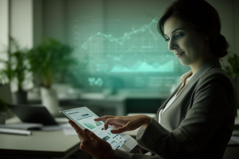 Business analyst reviewing compliance notes beside a glowing analytics dashboard in a modern office